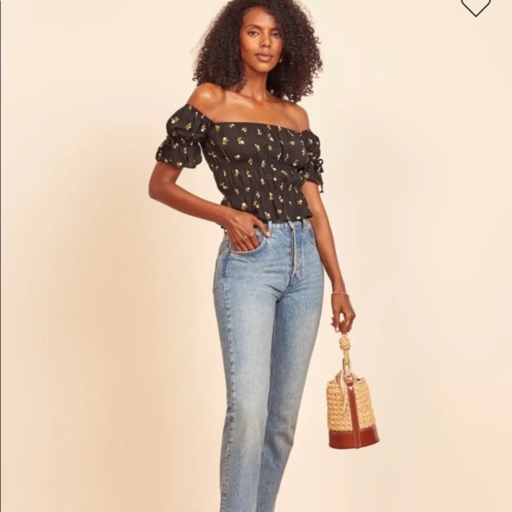 Reformation Black Floral Off-Shoulder Top